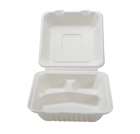 9x9x3.1&quot; 3COMPARTMENT HINGED  BAGASSE CONSERVEWARE CONTAINER 