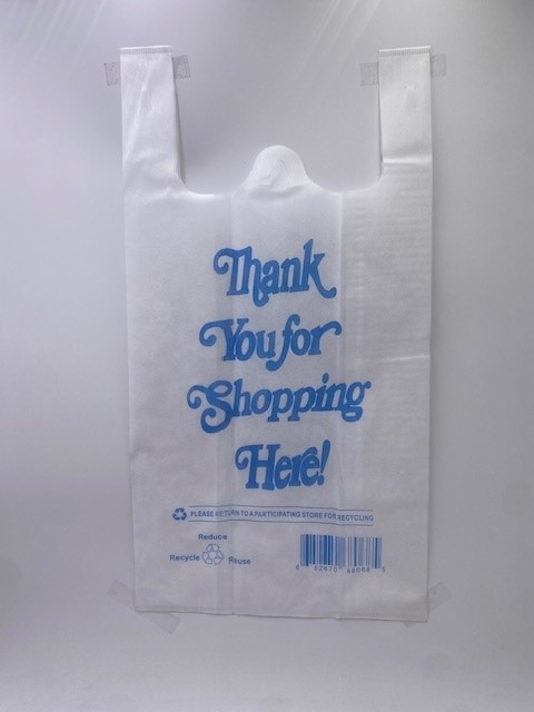 Product 180-017100: T-SACK REUSABLE WHITE WITH  BLUE THANK YOU NWPP SHOPPING 