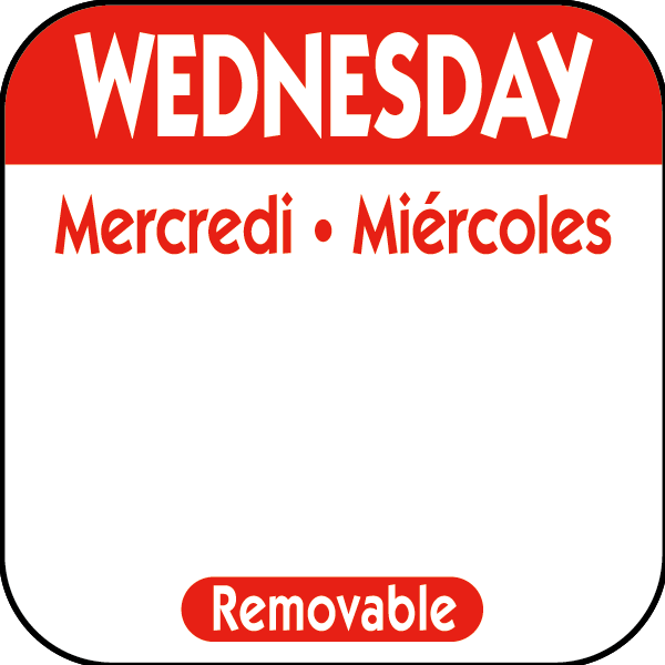 1&quot;X1&quot; WEDNESDAY LABEL RL
(1,000 PER RO TRILINGUAL
REMOVABLE DAY DOT)