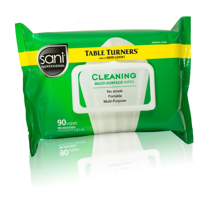 TABLE TURNER CLEANING MULTI
SURFACE WIPE 12/90CT GREEN
FLAT PACK 7x11.5 