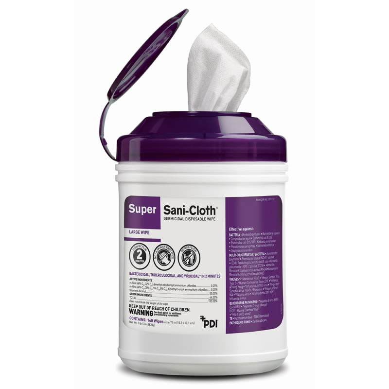 SUPER SANI-CLOTH GERMICIDAL
WIPE 12/160CT PURPLE CANISTER
ALCOHOL/QUAT 6x6.75 

** HEALTHCARE FACILITY USE 
ONLY - REQUIRES CARB
REGISTRATION