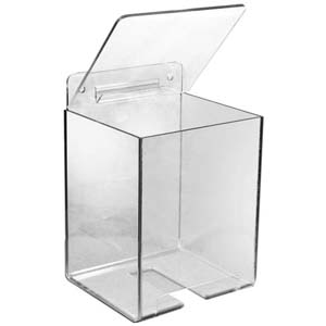 HINGED LID ACRYLIC DISPENSER
FOR MASKS, HAIRNETS AND BEARD 
GUARDS CLEAR 4.25x4.25x6
INCLUDES MASK SIGN 1/EA