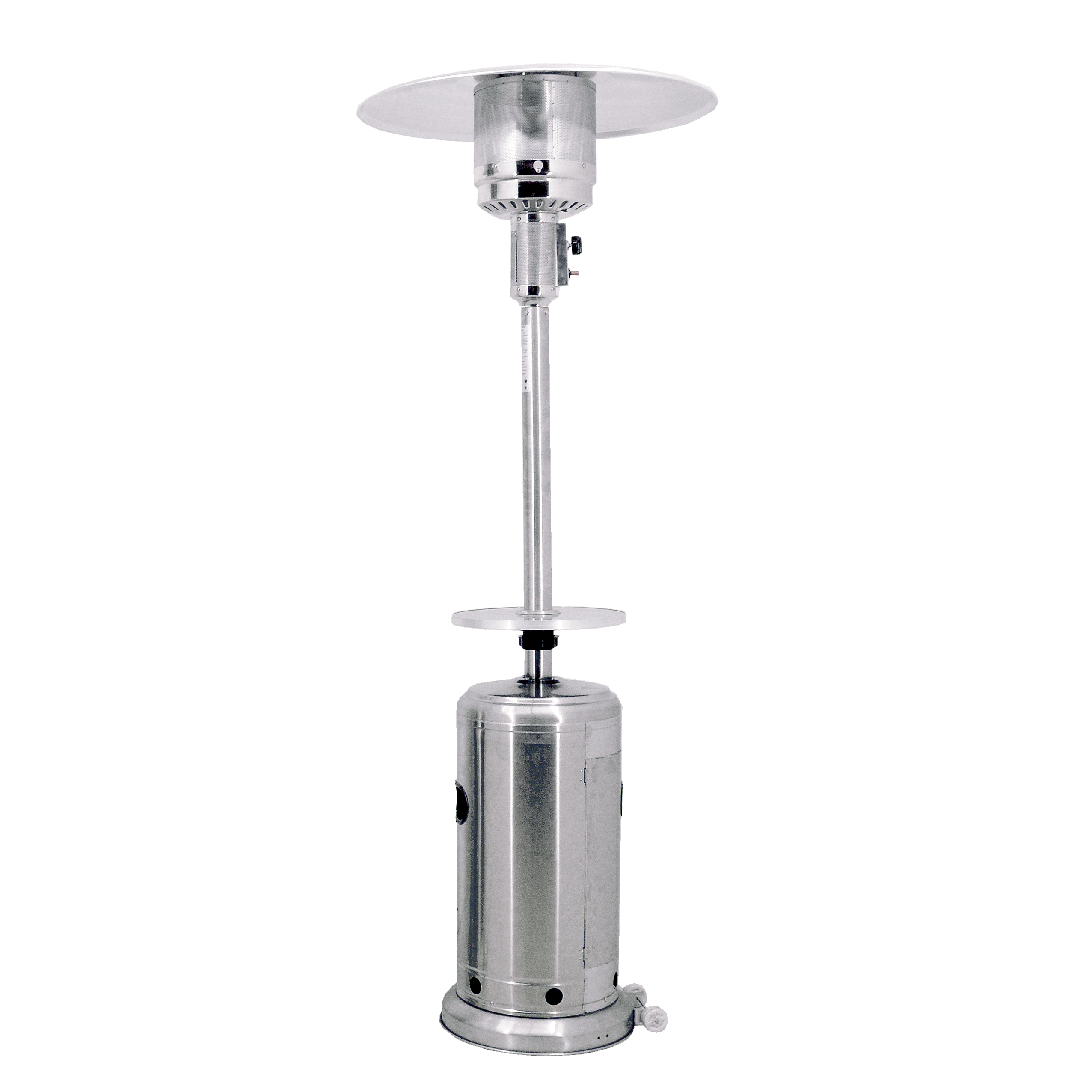 PATIO HEATER 87.5&quot; PROPANE OR 
BUTANE FUEL, PUSH BOTTON 
IGNITION, ANTI-TIP MECHANISM 
INCLUDES 16&quot;dia S/S TABLE 
41,000 BTU, HEATING RANGE UP 
TO 20&#39;