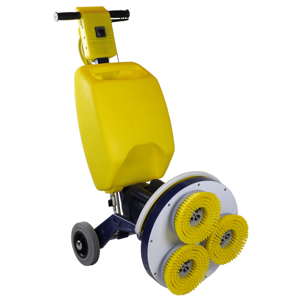CIMEX 15&quot; THREE-HEAD HARD
FLOOR SCRUBBER - 6.5GAL
SOULTION TANK, REVERSING
SWITCH. PICK EITHER SET OF 3
STIFF POLY BRUSHES (#3804) OR
3 SOFT POLY BRUSHES (#3803)