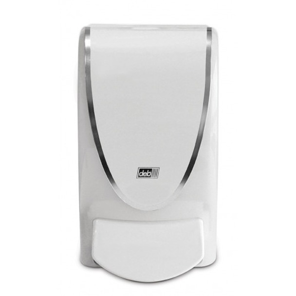 DEB MANUAL SOAP DISPENSER 
PROLINE 1000 TRANSPARENT WHITE 
W/ CHROME(EA) WHITE MOVING 
PLATE
